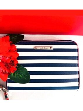 STELLA & DOT ~ Navy and White Striped Wristlet w/Red Trim Tan Strap and Interior